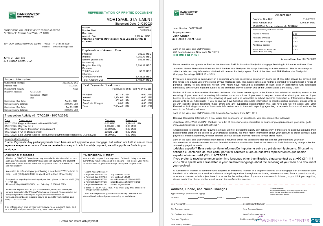 USA South Dakota Bank of the West BNP Paribas bank mortgage statement in Word and PDF formats, 3 pages 1 2